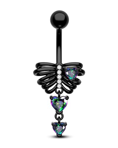 Black Skeleton Heart Belly Button Rings Dangle Halloween Navel Rings 14G Belly Piercing Jewelry Stainless Steel - color: VM CZ