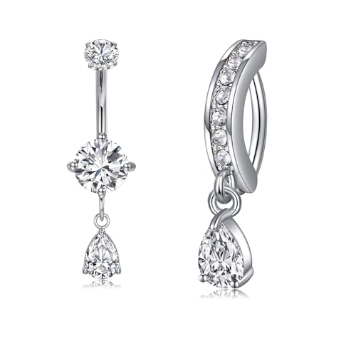 Briana Williams Belly Button Ring Clear CZ Dangle Belly Button Piercing Belly Rings Dangle Belly Button Rings Surgical Steel Teardrop Dangle Belly Button Jewelry for Women Silver Gold - color: B -silver