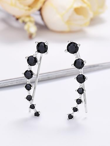Black 7 Crystals Ear Cuffs Climber Earrings for Women Silver Plated Cartilage Crawler Cubic Zirconia CZ Hypoallergenic Piercing Earring Fashion Anniversary Birthday Jewelry Gifts