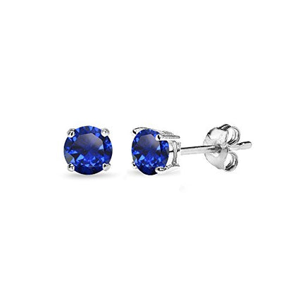 Sapphire Earrings for Women Sterling Silver Trendy Round-Cut Created Blue Gemstone Solitaire Studs for Men Bridesmaids Prom Gift - color: 4mm - Sterling Silver