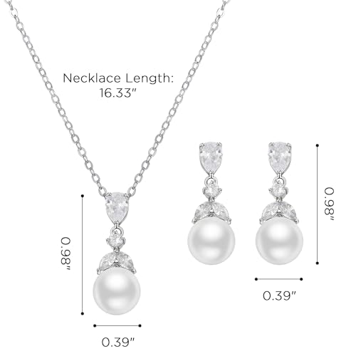 SWEETV Pearl Wedding Jewelry Set For Brides, Cubic Zirconia Wedding Necklace and Earrings Set, Elegant Bridal Jewelry Set for Women Bridesmaids Prom