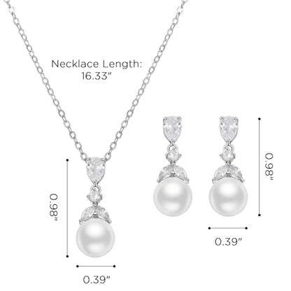 SWEETV Pearl Wedding Jewelry Set For Brides, Cubic Zirconia Wedding Necklace and Earrings Set, Elegant Bridal Jewelry Set for Women Bridesmaids Prom