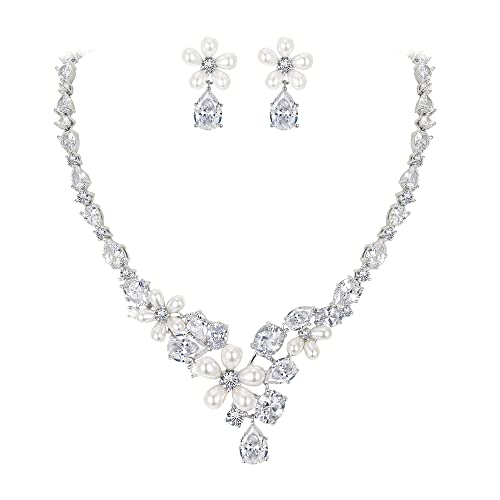 EleQueen Women's Simulated Pearl Wedding Jewelry Set for Brides | Cubic Zirconia Necklace Earrings Bracelet Set for Brides Bridesmaids, Bridal Jewelry Set for Anniversary/Memorial Day - style: Teardrop Floral Necklace Earrings