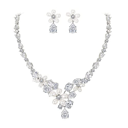 EleQueen Women's Simulated Pearl Wedding Jewelry Set for Brides | Cubic Zirconia Necklace Earrings Bracelet Set for Brides Bridesmaids, Bridal Jewelry Set for Anniversary/Memorial Day - style: Teardrop Floral Necklace Earrings