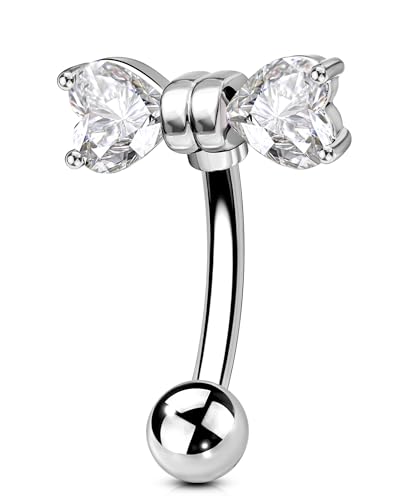 OUFER 16G Rook Earring Piercing Jewelry-316L Surgical Steel Pink Clear CZ Bow Eyebrow Rings, 6/8MM Curved Barbell Vertical Labret Lip Piercing Jewelry - color: Silver