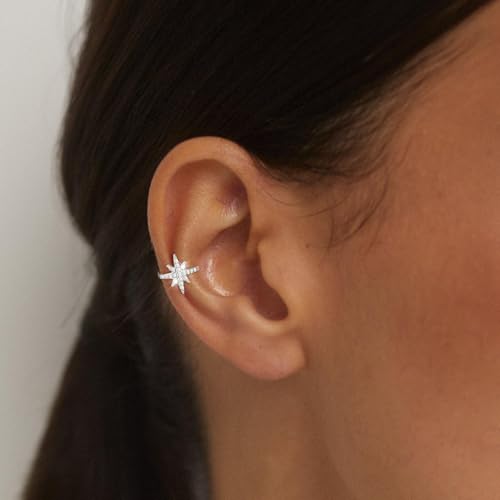 Star 14K Gold Plated Ear Cuff Earrings for Women Non Piercing, Dainty Silver Plated Clip on Cartilage Ear Cuff Non Pierced Trendy CZ Northstar Starburst Sparkling Climber Clawer Earring Jewelry - style: Starburst-Silver