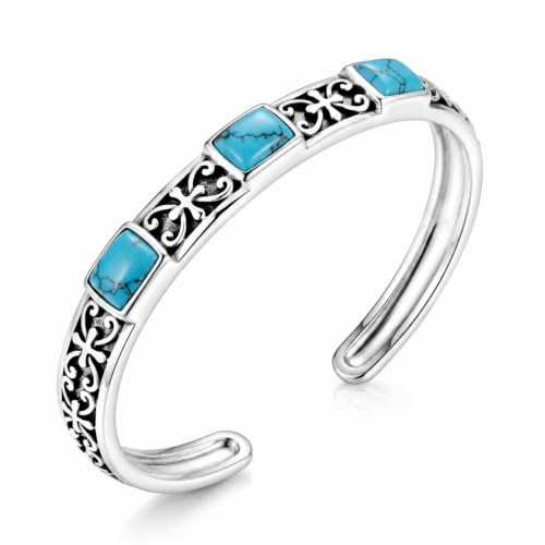 Native American Genuine Turquoise Cuff Bracelet for Women, 925 Sterling Silver Turquoise Boho Bangle, Adjustable Open Cuff Fits 6-7.5 Inches - style: Cross
