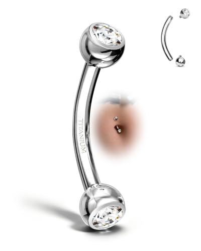 COCHARM G23 Solid Titanium Belly Button Rings 14G CZ Small Short Belly Rings Long Navel Rings 6mm/8mm/10mm/12mm/14mm/16mm Curved Barbell - color: 16mm