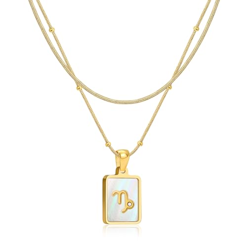 LETFLY Layered Zodiac Necklace for Women 18K Gold Natural Shell Pendant | Birthday Gifts for Women, Daily Wear, Hypoallergenic Material, Personalized Constellation Pendant, Adjustable, Snake Chain - style: Capricorn