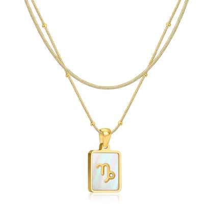 LETFLY Layered Zodiac Necklace for Women 18K Gold Natural Shell Pendant | Birthday Gifts for Women, Daily Wear, Hypoallergenic Material, Personalized Constellation Pendant, Adjustable, Snake Chain - style: Capricorn