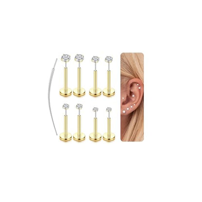 LOLIAS 14K Gold Plated Threadless Nose Studs, Nose Rings for Women 20G 18G | Hypoallergenic 316L Surgical Steel Labret Studs, Push In Flat Back Earrings, CZ Nose Nostril Tragus Helix Piercing Jewelry - color: 14K Gold Plated, size: 16G-2/2.5/3/4mm CZ