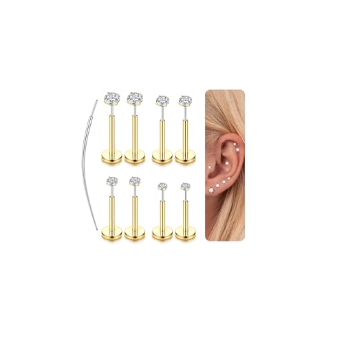 LOLIAS 14K Gold Plated Threadless Nose Studs, Nose Rings for Women 20G 18G | Hypoallergenic 316L Surgical Steel Labret Studs, Push In Flat Back Earrings, CZ Nose Nostril Tragus Helix Piercing Jewelry - color: 14K Gold Plated, size: 16G-2/2.5/3/4mm CZ