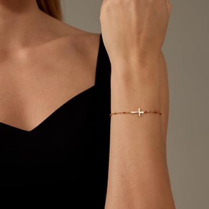 18K Gold Plated Pearl Beaded Cross Bracelets for Women Adjustable Stainless Steel Dainty Thin Gold Box Cuban Twisted Link Chain Bracelet Bridesmaid Jewelry Gifts - color: Red Cross-Gold