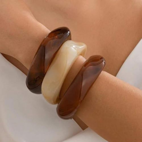 2PCS Chunky Acrylic Bracelet for Women Large Square Resin Cuff Vintage Open Bangle Bracelets Wide Geometric Jewelry - style: 3pcs-red+beige+red