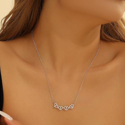 Four Leaf Clover Necklace Foldable for Women,925 Sterling SIlver Bling zircon stone Four Heart Grass Women's Necklaces Crocker ,Retro Magnetic Folding Love Heart Pendant One Style,Two Wearing Methods - color: Silver