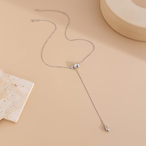 Trendy Long Gold or Silver Teardrop Tassel Y Necklace, Delicate Hollow Irregular Geometric Necklaces for Women Punk Party Charm Statement Jewelry Gift - color: Silver
