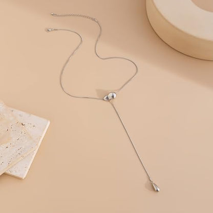 Trendy Long Gold or Silver Teardrop Tassel Y Necklace, Delicate Hollow Irregular Geometric Necklaces for Women Punk Party Charm Statement Jewelry Gift - color: Silver