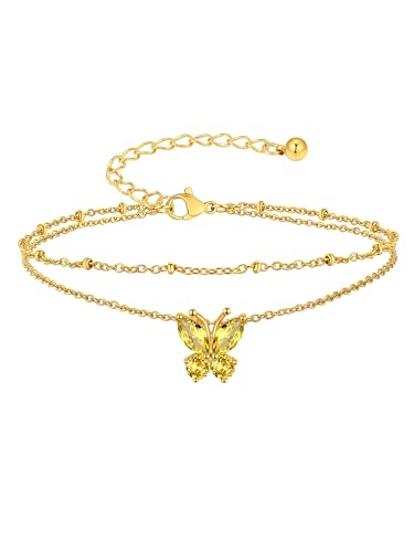 Suplight Gold Plated Butterfly Anklets for Women Waterproof, Layered Boho Ankle Bracelet with Birthstone, Stainless Steel Adjustable Non-Tarnish Heart Foot Jewelry Beach Vacation - color: 11. Butterfly-Nov. Yellow Topaz