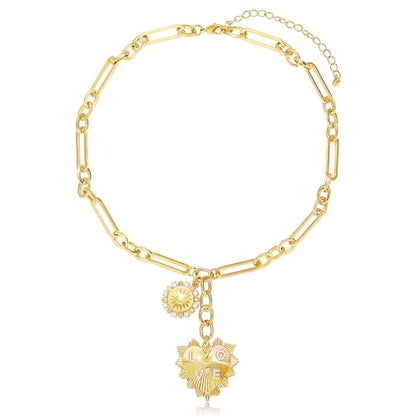 Chunky Gold Necklace for Women, 18K Waterproof Heart Necklace Statement Necklace Gold Charm Necklace Chunky Jewelry Paperclip Chain Choker Gift for Women - style: LOVE Coin Heart