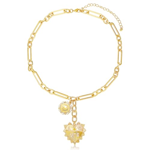 Chunky Gold Necklace for Women, 18K Waterproof Heart Necklace Statement Necklace Gold Charm Necklace Chunky Jewelry Paperclip Chain Choker Gift for Women - style: LOVE Coin Heart