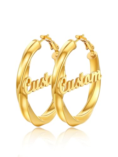 FindChic Twisted Hoop Earrings for Women, Silver/Black/14K Gold Plated Hypoallergenic Hollow Tube Rounded Loop Earrings, 30mm/40mm/60mm/80mm Hoops with Custom Name Options and Gift Box - color: f.Gold (Custom Name), size: 40MM