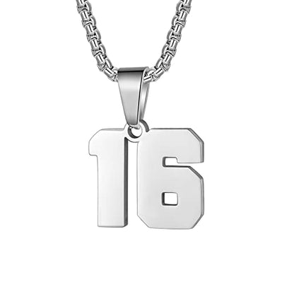 Susook Number Necklace for Boy Black Athletes Number Stainless Steel Chain 00-99 Number Charm Pendant Personalized Sports Jewelry for Men Basketball Baseball Football - color: Silver, style: 16