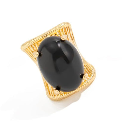 Geometric Open Ring, Adjustable Statement Rings with Non-Fading Hand-Marbled Resin Wide Band, Metallic Stripe Accent Finger - color: black