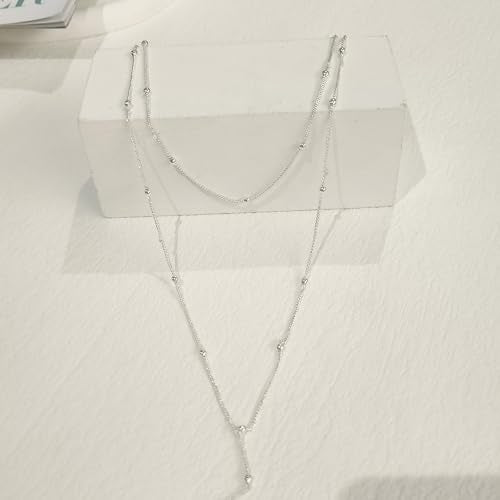 LULII Gold Necklace for Women Trendy Lariat Y Necklace Dainty 14k Gold Plated/Silver Long Necklaces for Women Layered Beaded Drop Necklaces Simple Y-Shaped Chain Jewelry Gifts - color: Y Layered Bead Necklace-Silver