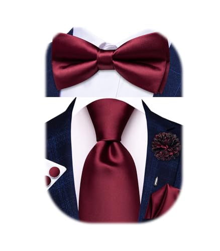 Hi-Tie 5Pcs Mens Solid Color Silk Tie Satin Pretied Bowtie Lapel Pin for Men Handkerchief Cufflink Wedding Gift Box - color: Burgundy
