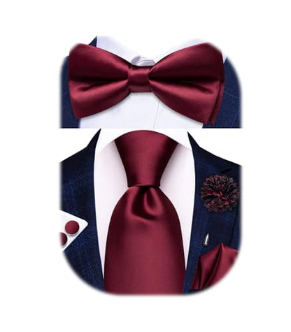 Hi-Tie 5Pcs Mens Solid Color Silk Tie Satin Pretied Bowtie Lapel Pin for Men Handkerchief Cufflink Wedding Gift Box - color: Burgundy