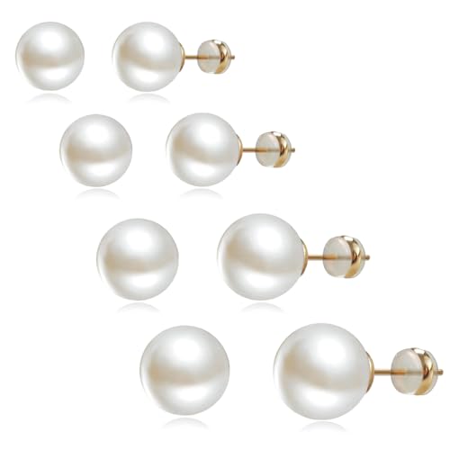 4 Pairs Pearl Stud Earrings - Hypoallergenic 14K Gold Plated 8mm-14mm Set Earrings for women Pearl Earrings Set for Sensitive Ears Classic Jewelry Gift for Birthday