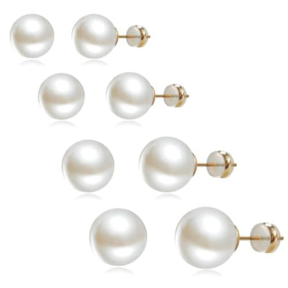 4 Pairs Pearl Stud Earrings - Hypoallergenic 14K Gold Plated 8mm-14mm Set Earrings for women Pearl Earrings Set for Sensitive Ears Classic Jewelry Gift for Birthday