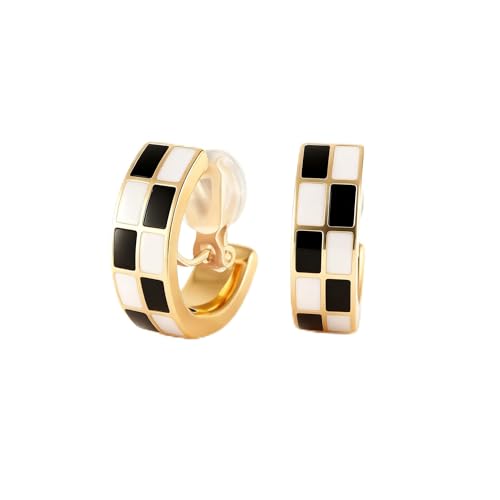 FAN&LOUIS 24K Gold Plated Hoop Clip On Earrings for Women, Black and White Checkered Trendy Hypoallergenic Non Pierced Earrings Painless Lightweight Small Hoop Clip-On Earrings