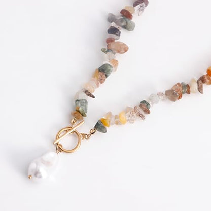 Bohemian Stone Pearl Choker Necklace for Women Dainty Natural Irregular Stone Choker Turquoise Beaded Lariat Necklace Simple Fashion OT Toggle Spiritual Handmade Jewelry - color: Whit Brown