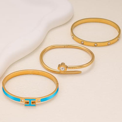 3Pcs Gold Bracelets for Women 14K Gold Plated Love/H/Nail Bangle Bracelet Dainty Non Tarnish Bracelet Jewelry Christmas Mothers Day Gifts for Women - color: 3Pcs Gold/Blue H bracelet