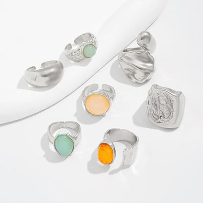 Chunky Rings for Women Stackable Vintage Adjustable Rings for Women Gold Statement Stone Ring Set Non Tarnish Vintage Jewelry - style: Silver
