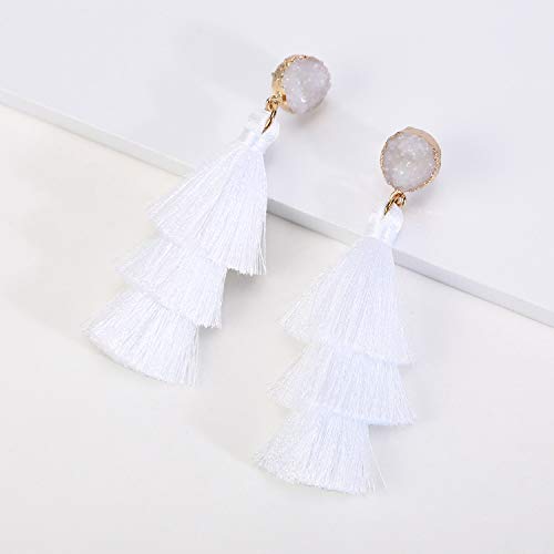 Bohemian Tiered Tassel Earrings with Druzy Stud for Women | Long Layered Fringe Drop Earrings, Statement Jewelry for Party Beach Festival - color: White