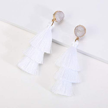 Bohemian Tiered Tassel Earrings with Druzy Stud for Women | Long Layered Fringe Drop Earrings, Statement Jewelry for Party Beach Festival - color: White