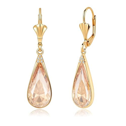 Teardrop Austrian Crystal Leverback Dangle Drop Earrings for Women | 14K Gold Plated,Classic Teardrop Elegance,Leverback for Easy Secure Wear,Gift Box Included, Brighten Up Daily and Party Looks - color: Light Topaz