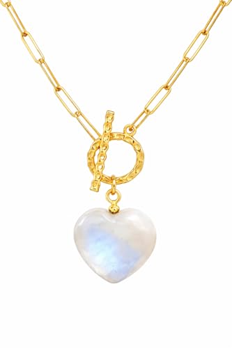 Gempires Gemstone Heart Pendant Necklace for Women, Gold Toggle Birthstone | Handmade gemstone heart pendant necklace — choose from 11 stones and birthstones, gold toggle paperclip chain. - color: Rainbow Moonstone