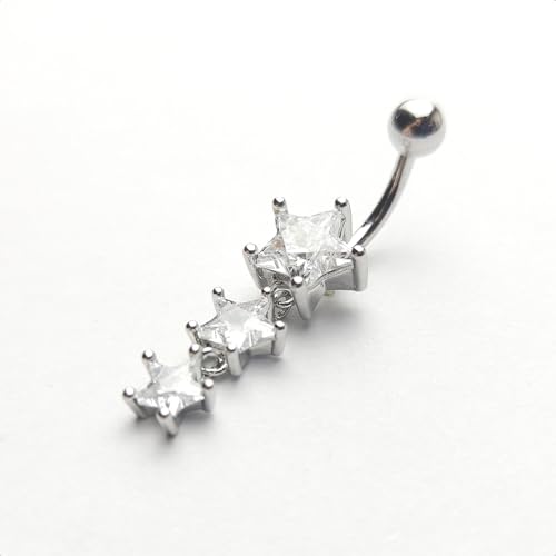 14G Surgical Steel Star Dangle Belly Button Rings for Women Sparkling Cubic Zirconia Crystal Star Belly Navel Curved Barbell Ring Navel Piercing Jewelry - color: Silver