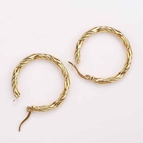 Cable Hoop Earring for Women Light-Weight Twisted Italian Design Round Hoop Earrings Diameter 25mm - color: 2-gold