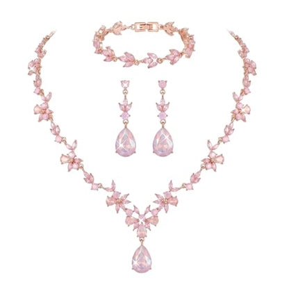Kamirola Bridal Jewelry Set, Jewelry Set for Women, Necklace Dangle Earrings Bracelet Set, White Gold Plated (TR76) - color: Cream Pink
