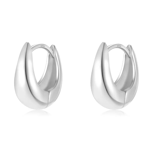 Trendy Small Chunky Hoops Teardrop Huggie Earrings for Women | 925 Sterling Silver Post, 14k Gold or Silver Plated, Hypoallergenic, Oval Thick Hoop Earrings for Women - color: Silver, size: Mini