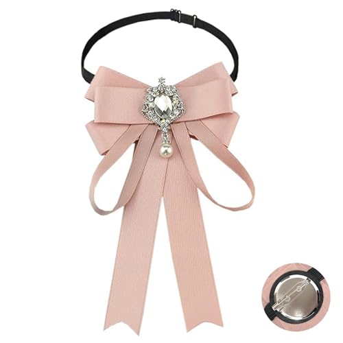 Fashion Ribbon Bow Tie Brooch Pins for Women Girls Crystal Pearl Uniform Pre-Tied Bowknot Corsage Party Ceremony Accessories - color: 117-Pink