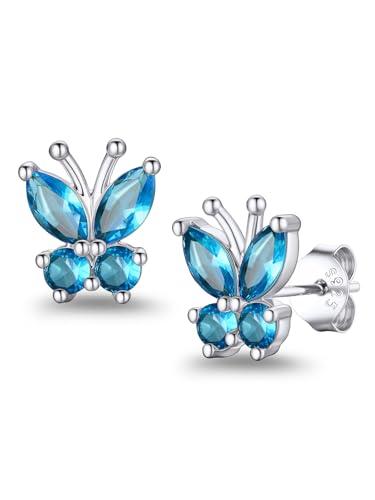Suplight Butterfly Stud Earrings 925 Sterling Silver 14K Gold Brithstone Earrings for Women Brithstone Jewelry Gifts - color: 12.December (Blue Topaz), size: Silver