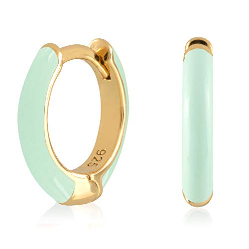 14K Gold Plated Sterling Silver Enamel Color Huggie Hoop Earrings for Women – Wide Range of Vibrant Color Options Available - color: Green ( Mint )