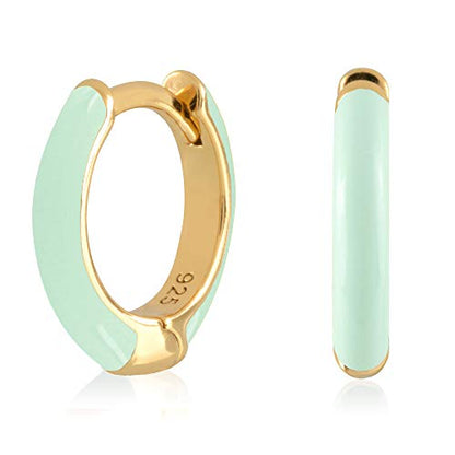 14K Gold Plated Sterling Silver Enamel Color Huggie Hoop Earrings for Women – Wide Range of Vibrant Color Options Available - color: Green ( Mint )