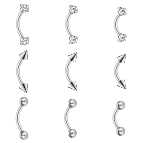FECTAS 9PCS Curved Barbell Piercing Jewelry, 16G Surgical Steel Eyebrow Rook Rings with CZ, Arrow & Ball Ends, 6/8/10mm Lengths - color: silvery