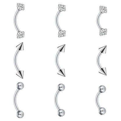 FECTAS 9PCS Curved Barbell Piercing Jewelry, 16G Surgical Steel Eyebrow Rook Rings with CZ, Arrow & Ball Ends, 6/8/10mm Lengths - color: silvery
